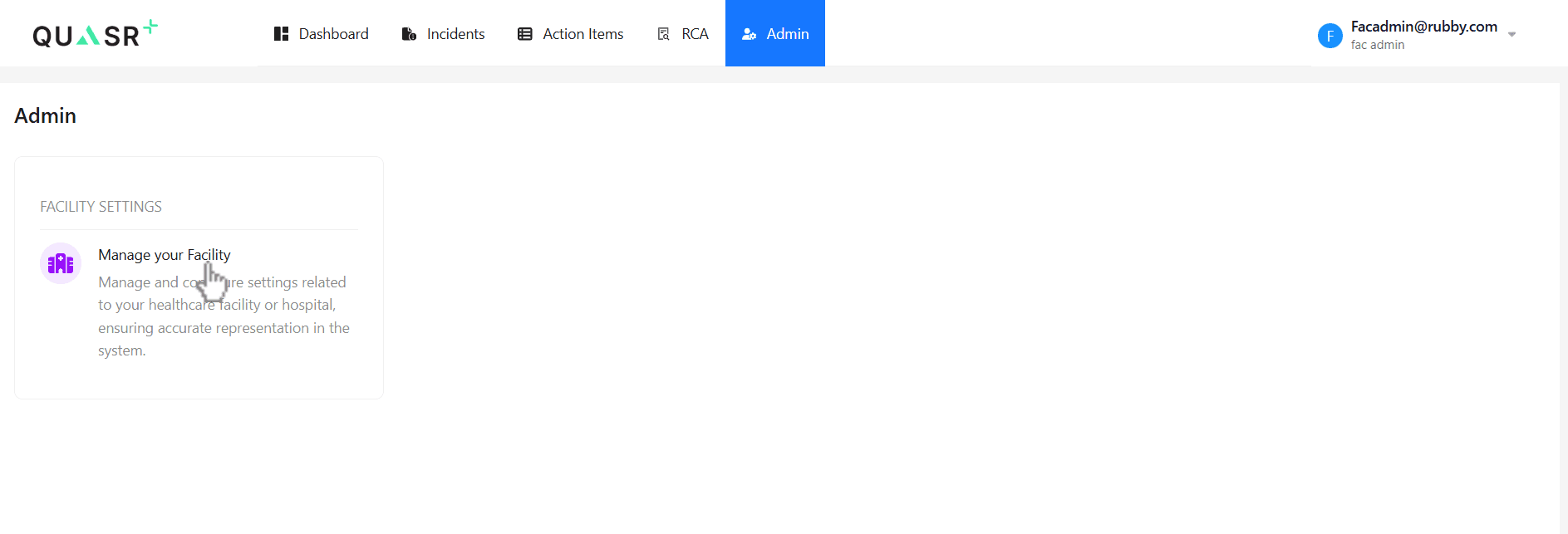 Organisation drawer with Facility selected