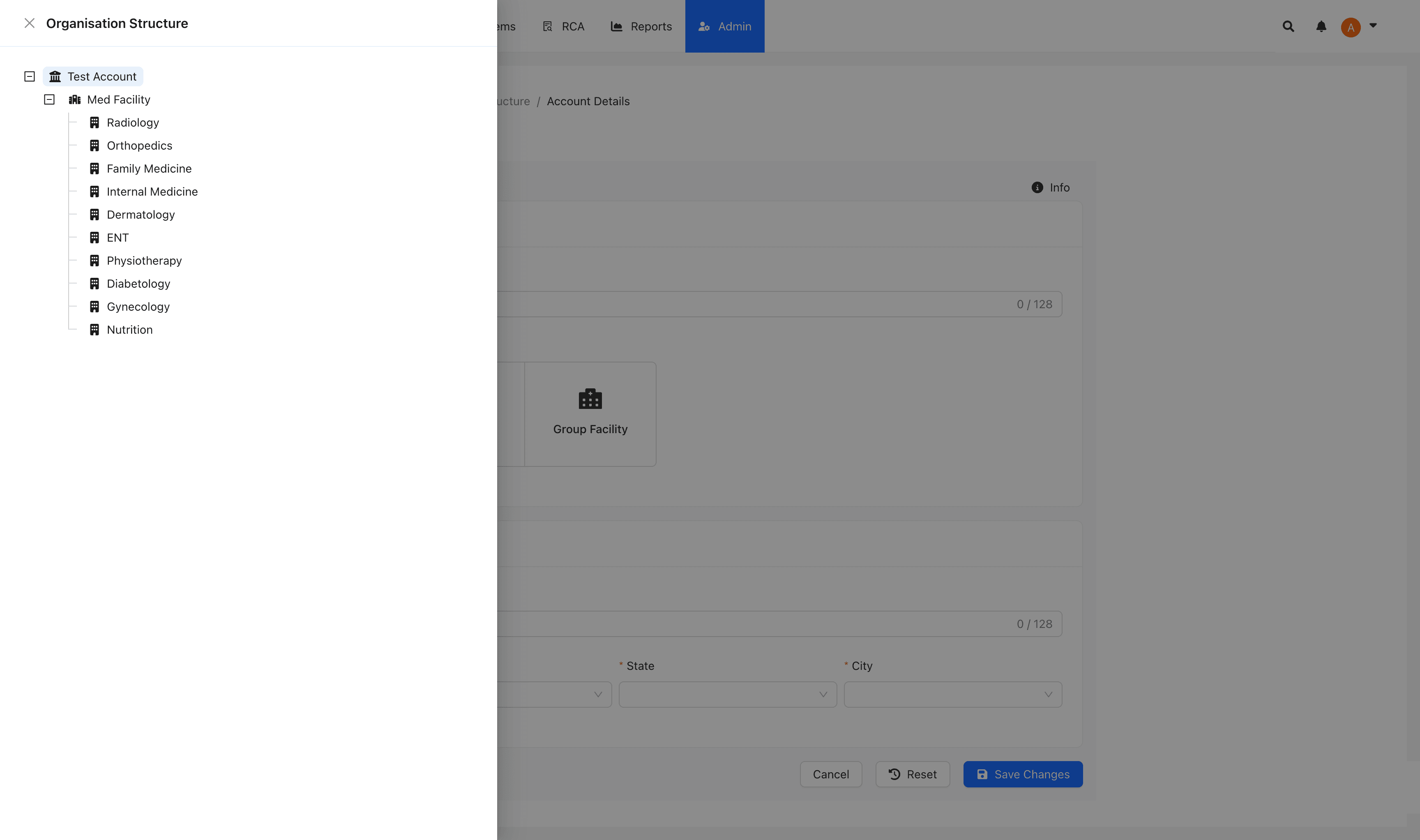 Organisation drawer with Facility selected