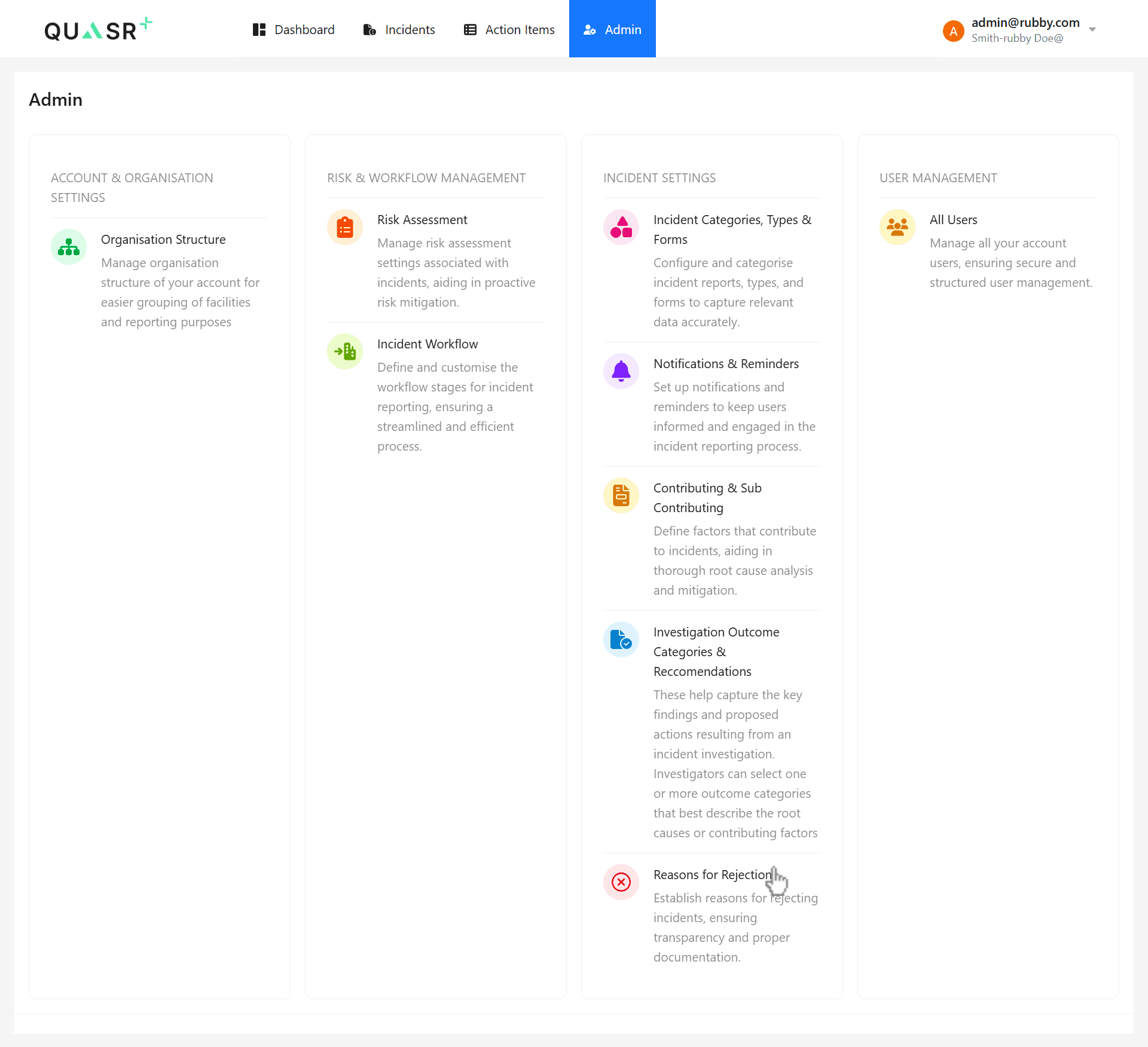 Accessing the Reasons for Rejection page from the Admin portal