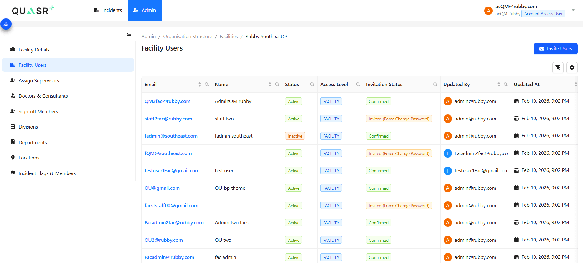 Invite Facility users form with email input and role selection