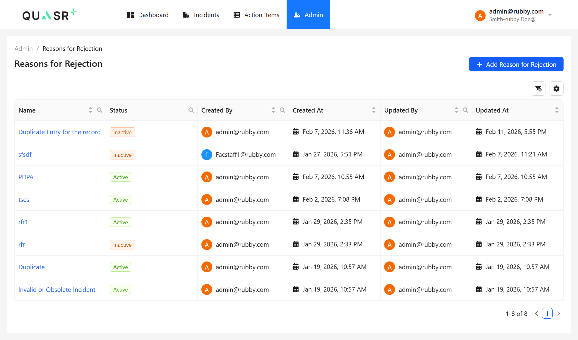 The updated list view with the new rejection reason.
