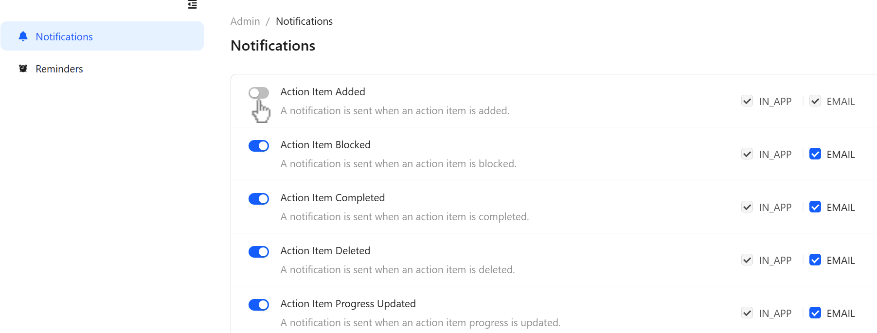 Use toggles to manage notification delivery.