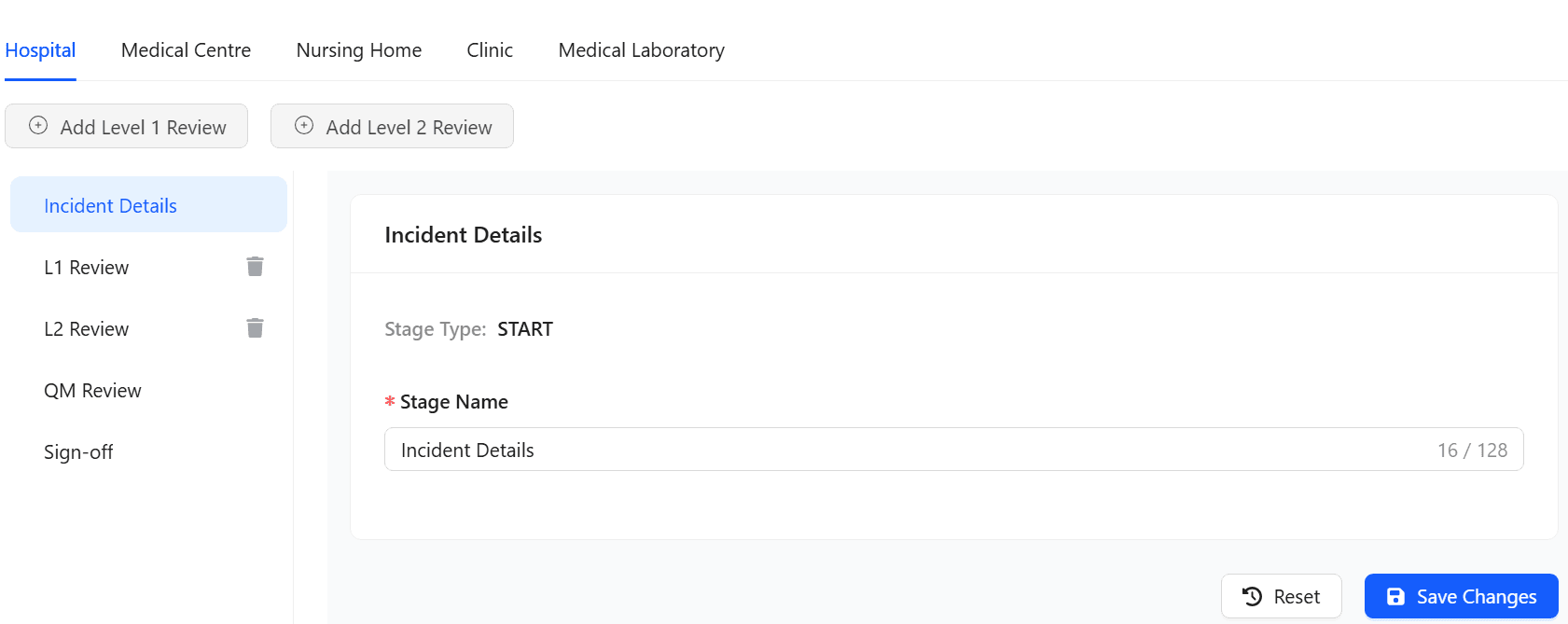 Editing Hospital incident workflow stages.