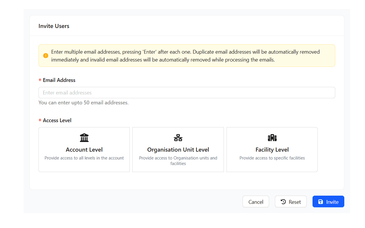 Select the appropriate access level for the invited user.