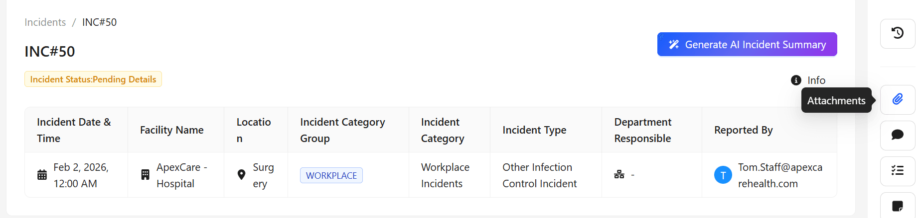 The Attachment widget in the incident sidebar.