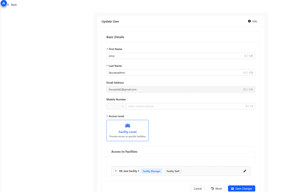 Update Facility user details and roles