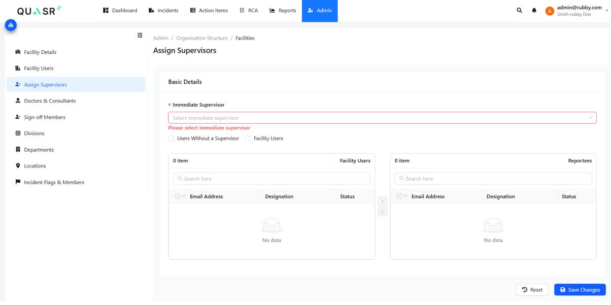Assign Supervisors panel showing users and reportees panels