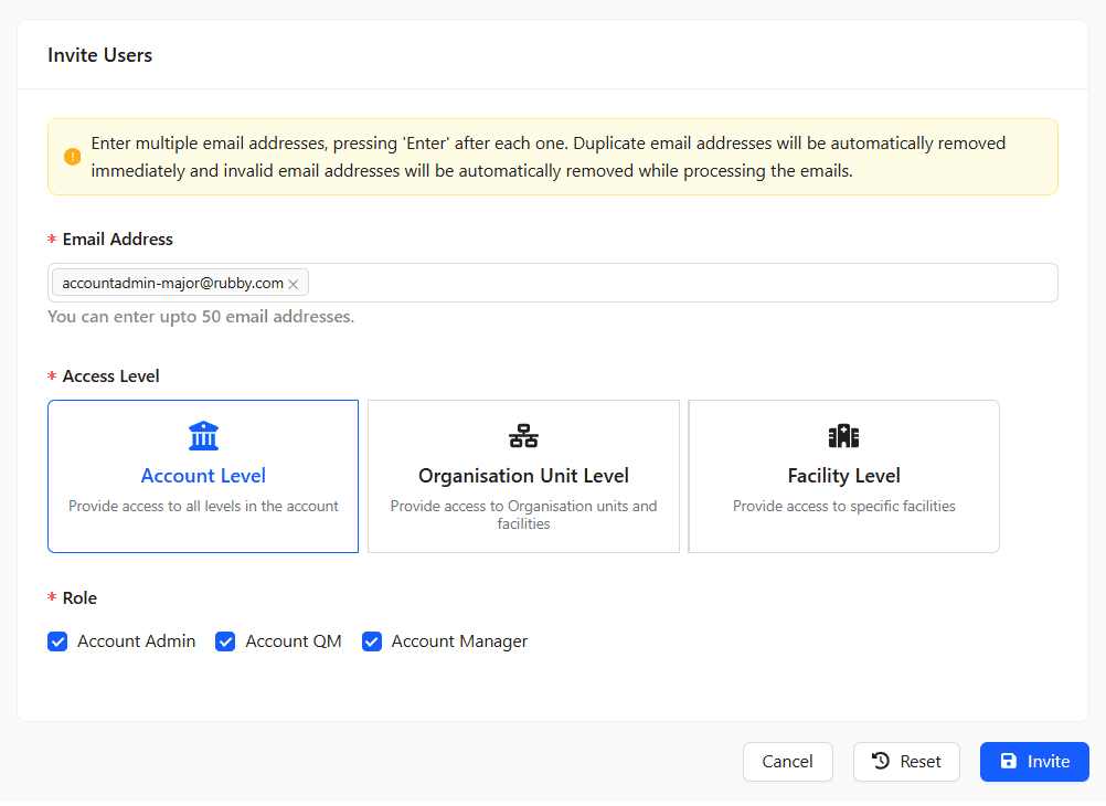 Assign roles appropriate to the selected access level.