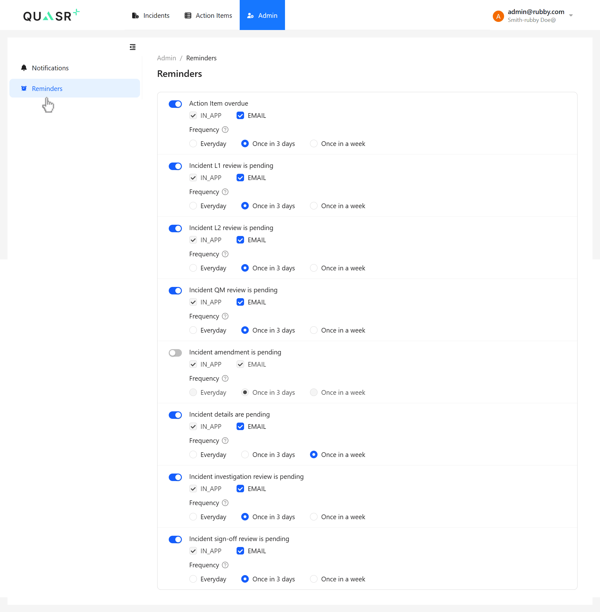 Selecting the reminder email frequency.