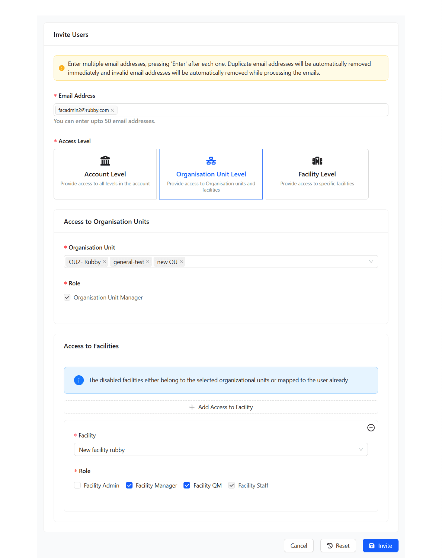 Select organisation units and optionally configure additional facility access.