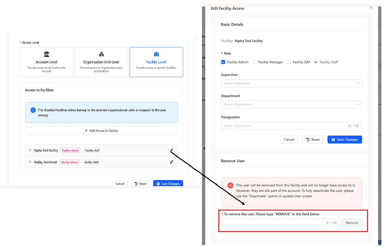Remove user from a Facility.