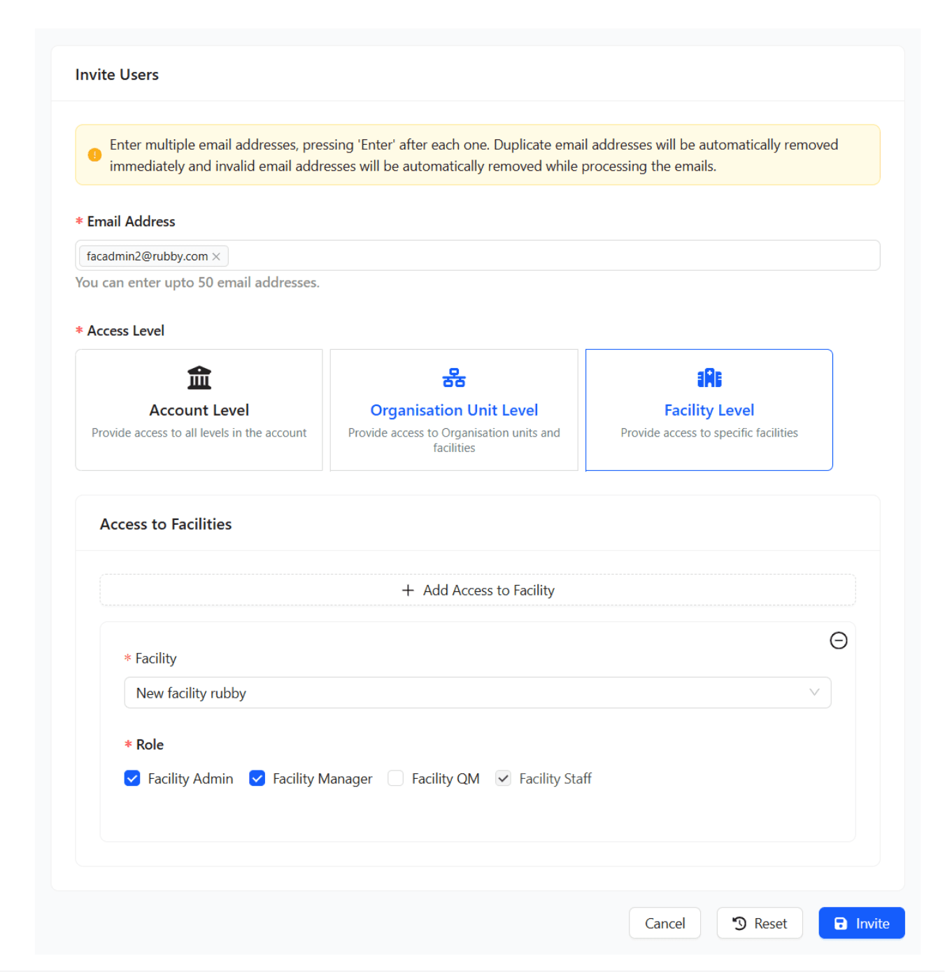 Select facility and assign the appropriate facility-level role.