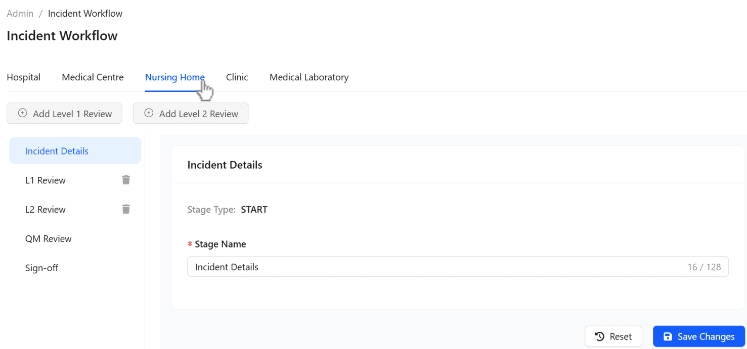 Nursing Home workflow with optional review stages.
