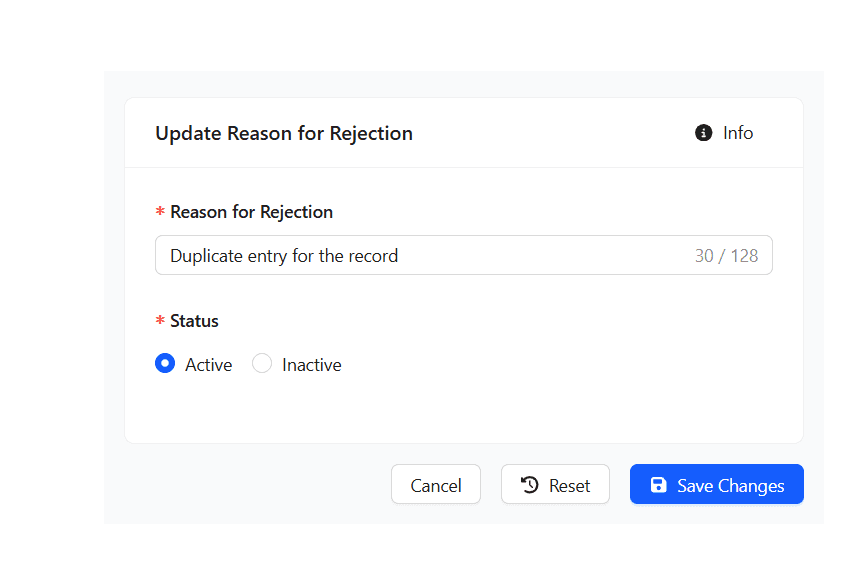 Editing an existing rejection reason.