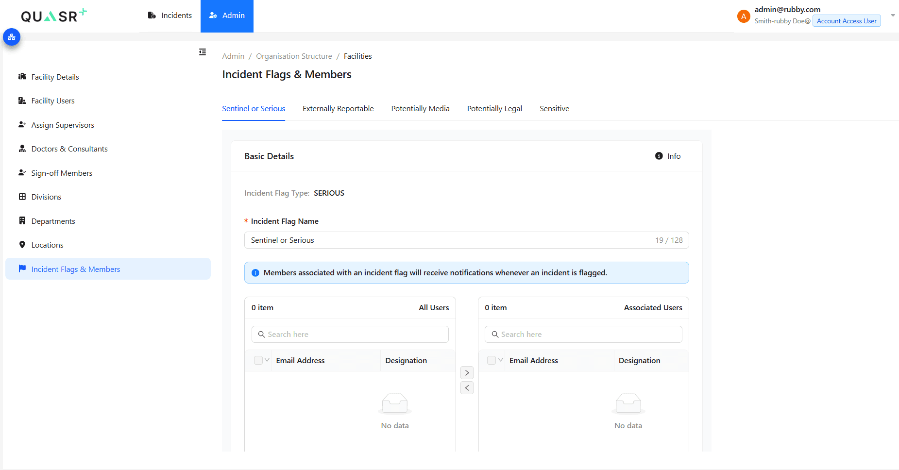 Incident Flags & Members configuration with associated users panel"