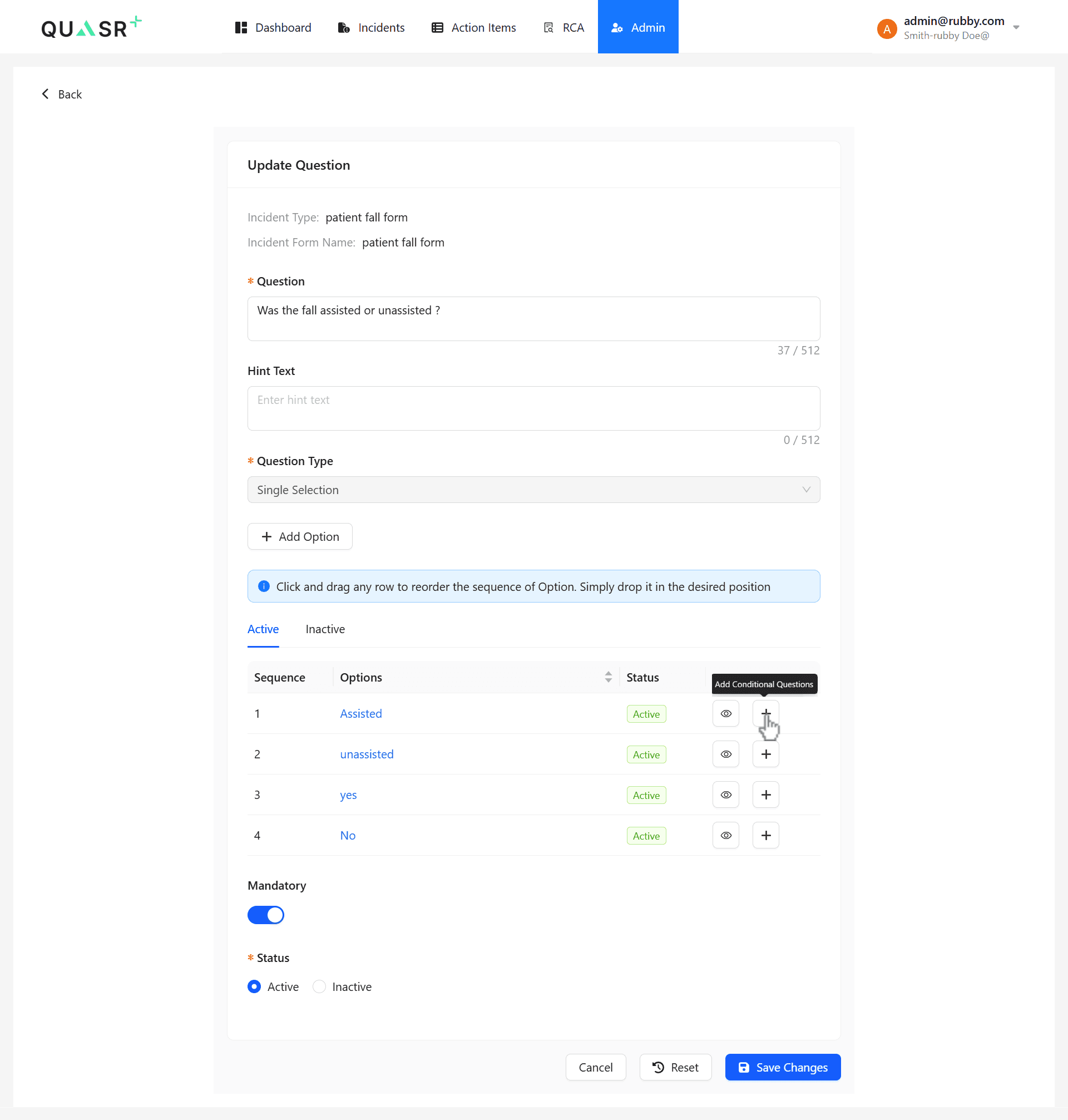Add new questions and define options.