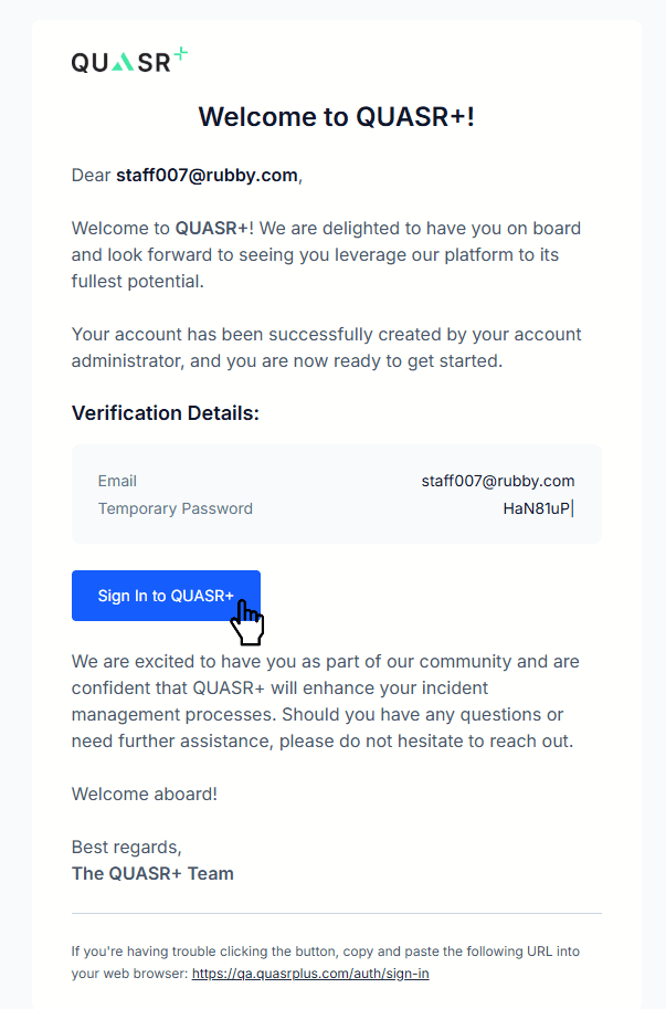 Access the QUASR+ sign-in page using the link from your invitation email.