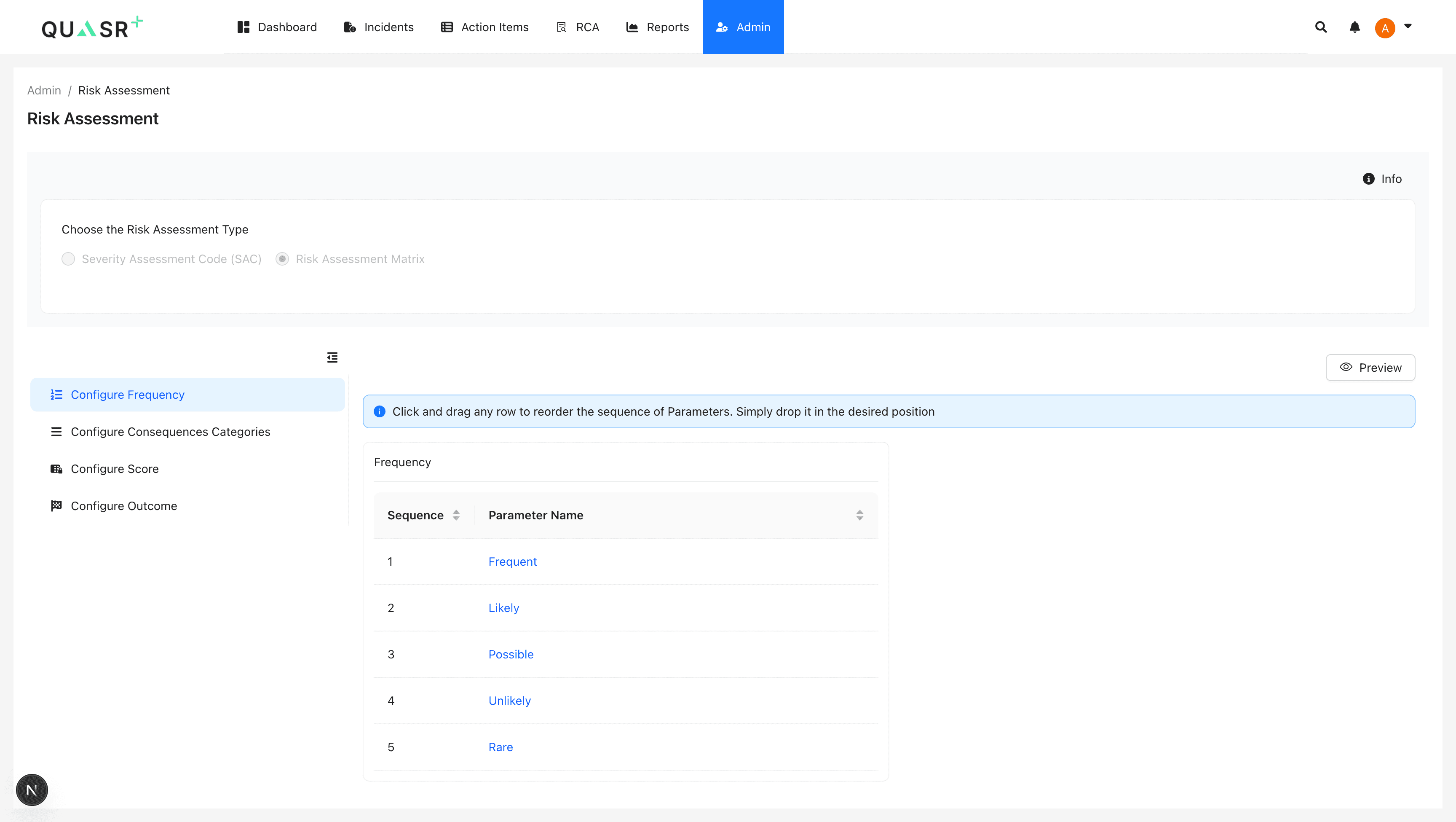 Risk Assessment Matrix configuration screen.