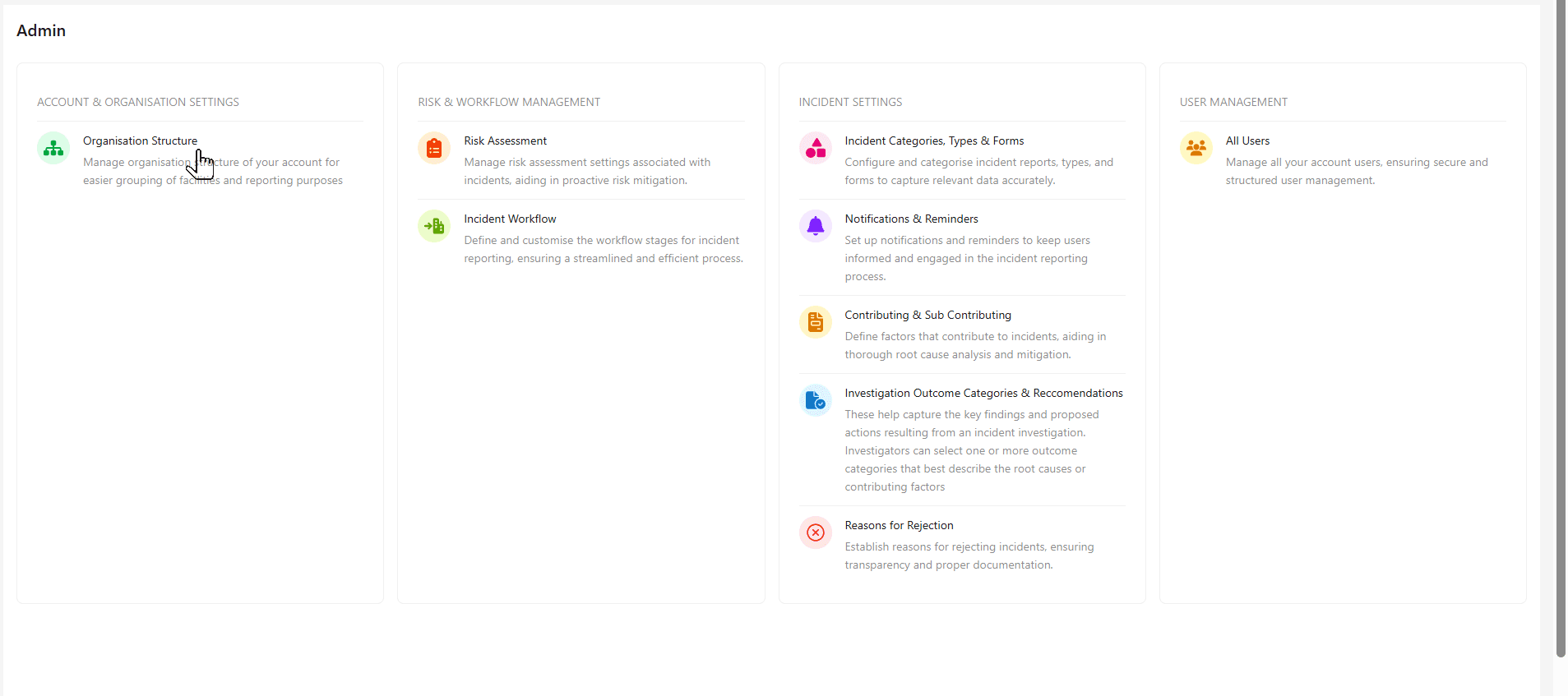 Open the Organisation structure from the Admin menu