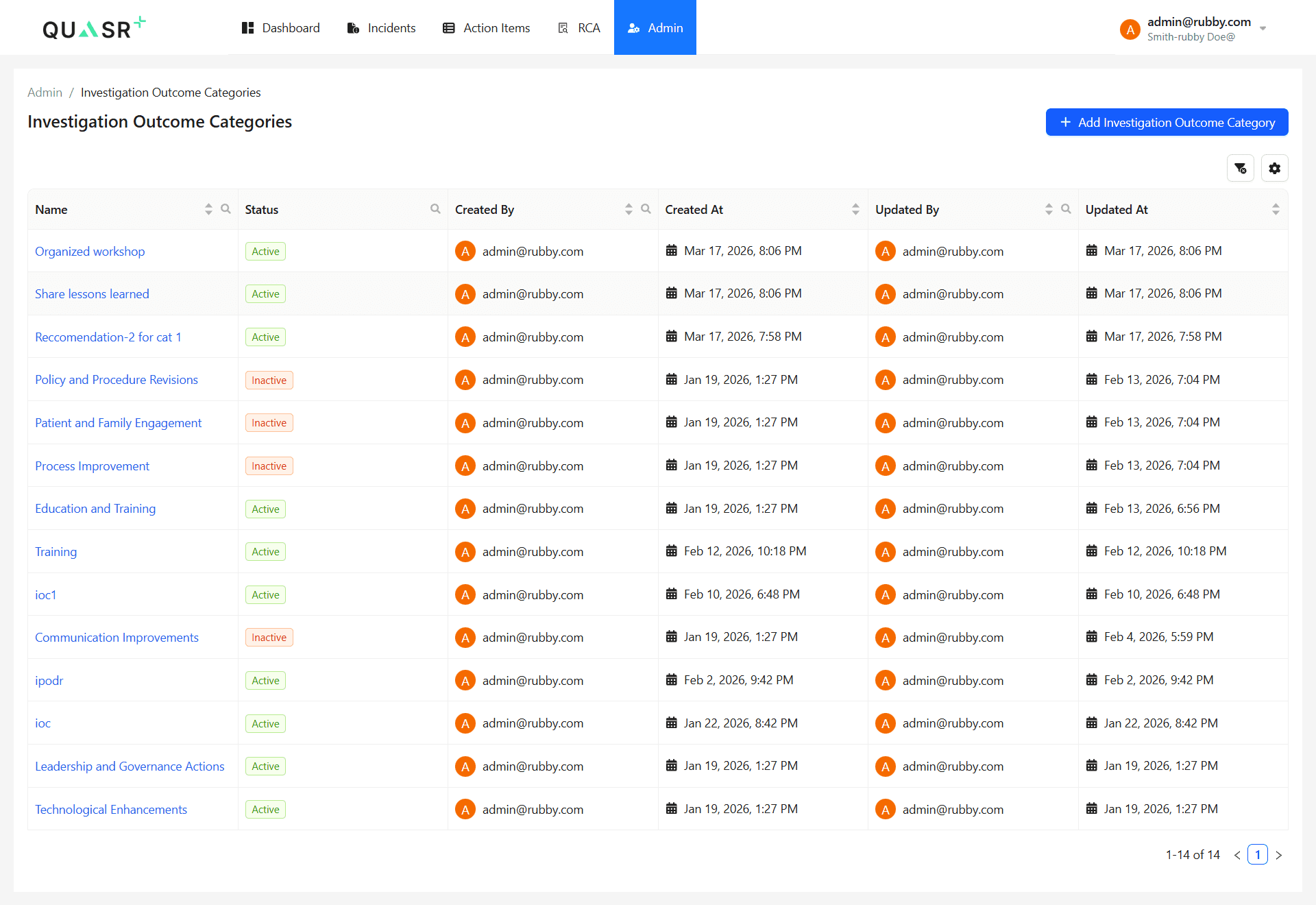 List view displaying existing outcome categories.