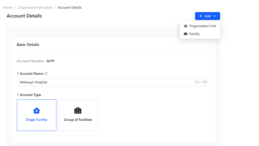 Use the form to add Organisation Units and Facilities under the selected parent.